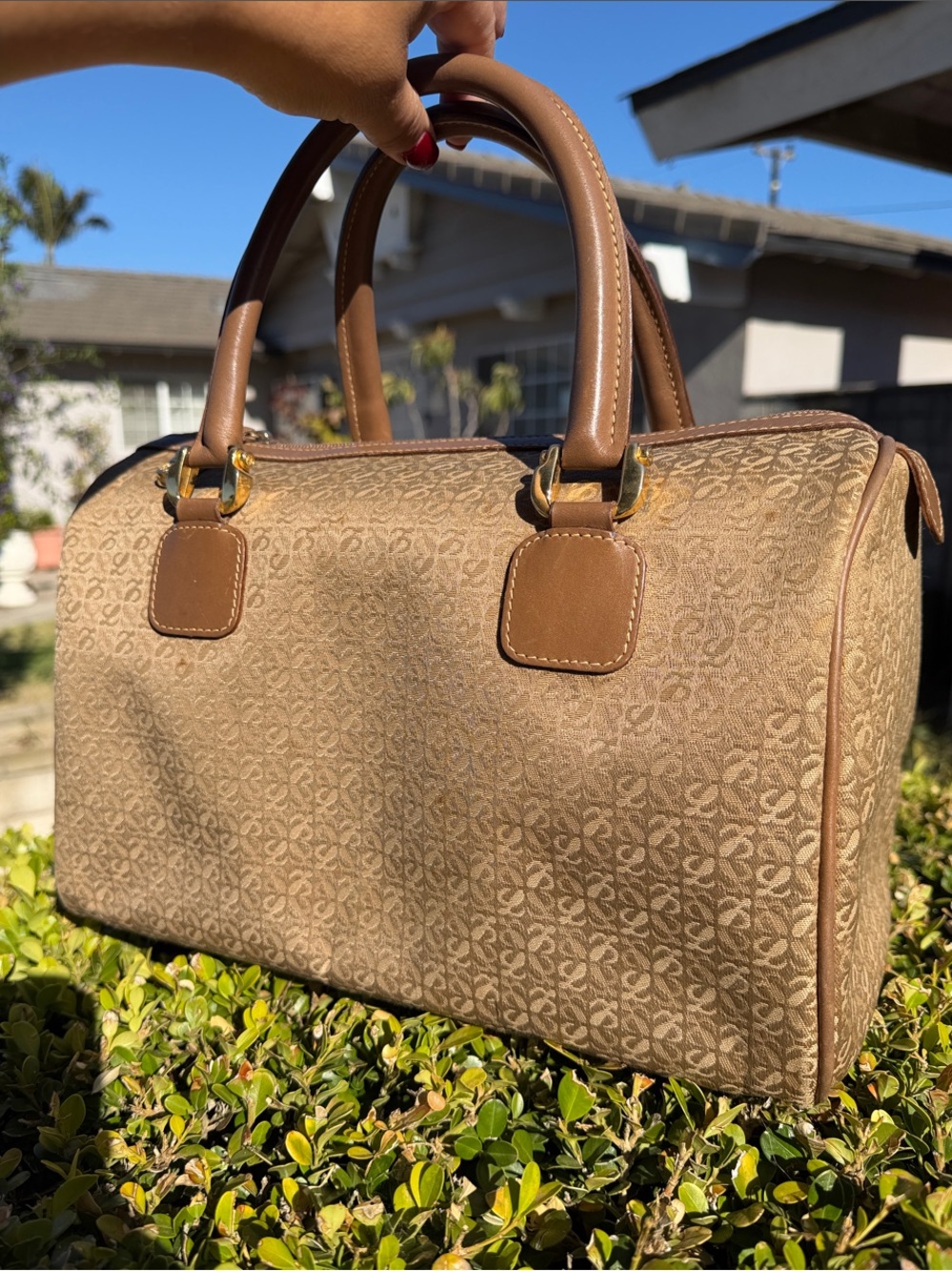 Vintage Loewe AUTHENTIC Anagram Canvas Boston Bag.